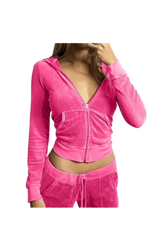 Women Full-zip Velvet Crop Jacket with Hood Pockets Long Sleeve Fitted Short Zip Up Hoodie Sweatshirt Coats (Small, Hot Pink)