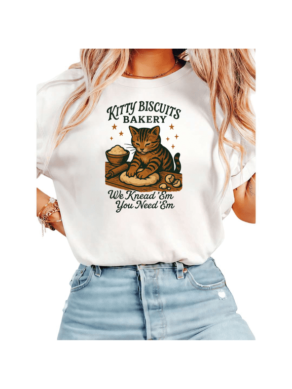 Women Fun Kitty Biscuits Bakery Cat Graphic Tees Cotton Crew Neck Printed T Shirt Tops White S-5XL