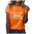 thumbnail image 1 of Women Funny Christian T-Shirts Thanksgiving Fall for Jesus He Never Leaves Short Sleeve Tees Casual Crewneck Loose Tops, 1 of 4