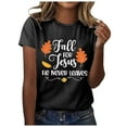 thumbnail image 1 of Women Funny Christian T-Shirts Thanksgiving Fall for Jesus He Never Leaves Short Sleeve Tees Casual Crewneck Loose Tops, 1 of 4