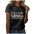 thumbnail image 1 of Women Funny Christian T-Shirts Thanksgiving Fall for Jesus He Never Leaves Short Sleeve Tees Casual Crewneck Loose Tops, 1 of 4