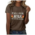 thumbnail image 1 of Women Funny Christian T-Shirts Thanksgiving Fall for Jesus He Never Leaves Short Sleeve Tees Casual Crewneck Loose Tops, 1 of 4