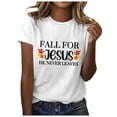 thumbnail image 1 of Women Funny Christian T-Shirts Thanksgiving Fall for Jesus He Never Leaves Short Sleeve Tees Casual Crewneck Loose Tops, 1 of 4