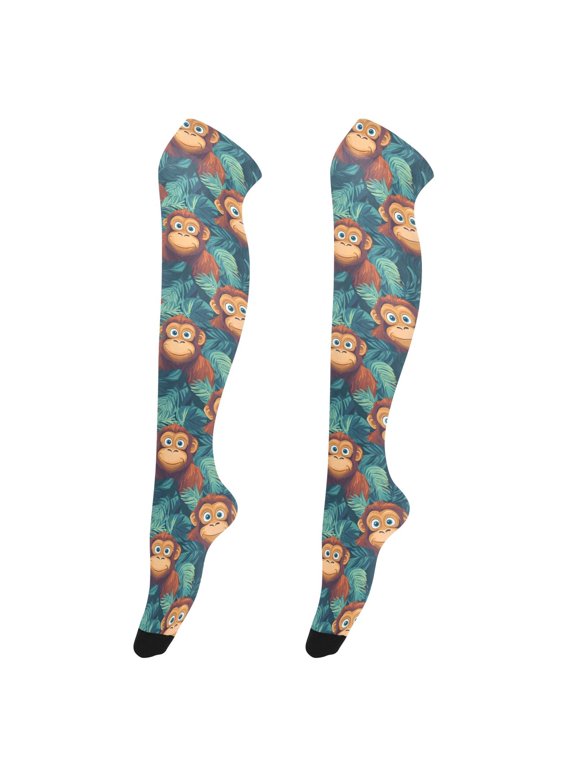 Women Funny Gorillas Palm Leaf Pattern Over Knee Thigh High Socks