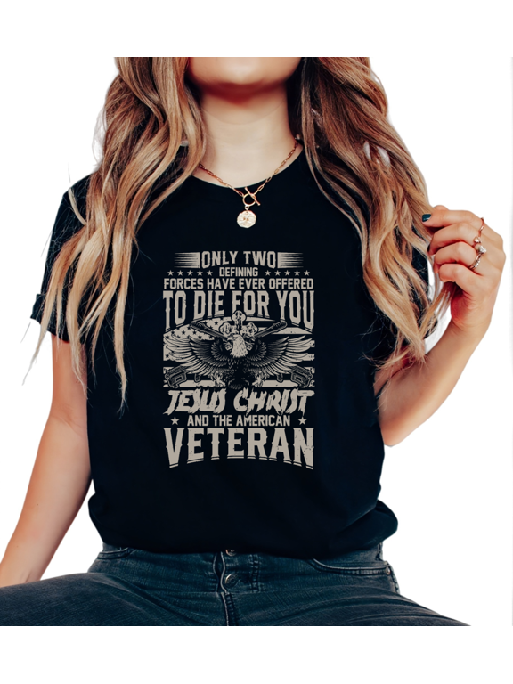Women Jesus And American Veteran Graphic Comfortable Tee Christian Religious T Shirt Top Short Sleeve Round Neck Black S-5XL