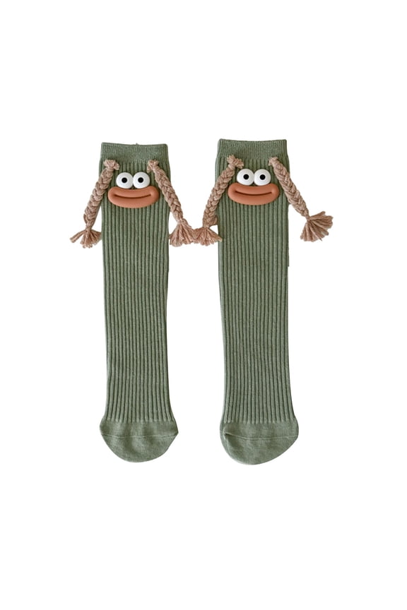 Women Funny Novelty Mid Calf Socks 3D Cute Big Face Color Braided Tassel Ribbed Long Socks Soft Stretch Breathable Socks for Daily Street Christmas Party Cosplay Gift