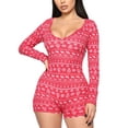 thumbnail image 1 of Women Funny Print Long Sleeve Button Down Deep V Neck Romper Shorts Playsuit One-piece Holiday Pjs, 1 of 4