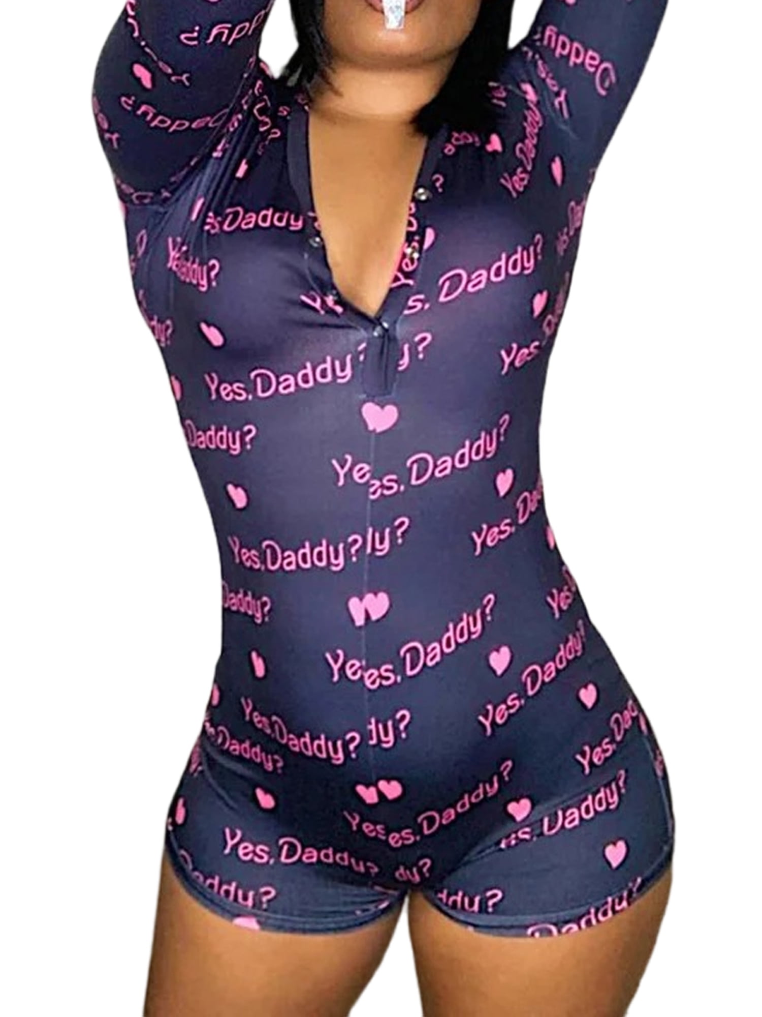 Women Funny Printed Long Sleeve Jumpsuit Deep V Neck Sleepwear Pajamas Rompers