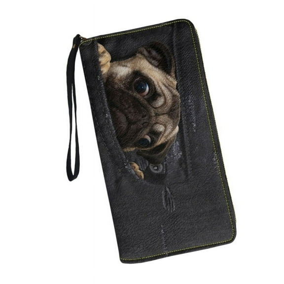 Women Funny Pug Wallet RFID Blocking PU Leather Multi Credit Card Large Capacity Zip Around Clutch Travel Purse Wristle