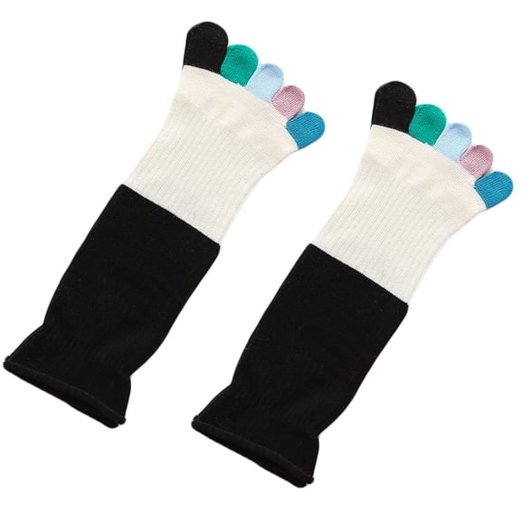 Women Funny Rainbow Colorful Split Toe Socks Harajuku Japanese Style Contrast Color Patchwork Ribbed Five Finger Separated Mid Tube Hosiery