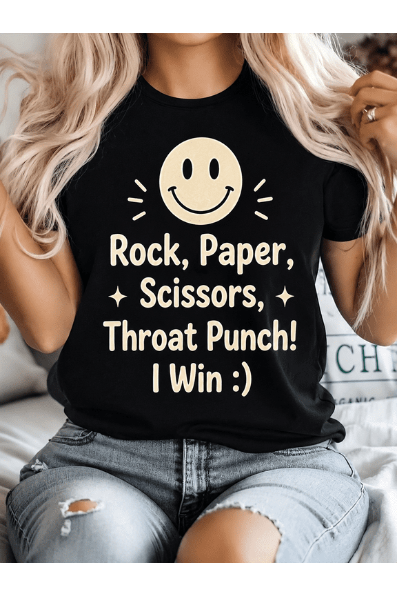 Women Funny Rock Paper Scissors Throat Punch I Win Graphic T-Shirt, Retro Smile Face Sarcastic Humor Short Sleeve Casual Tee