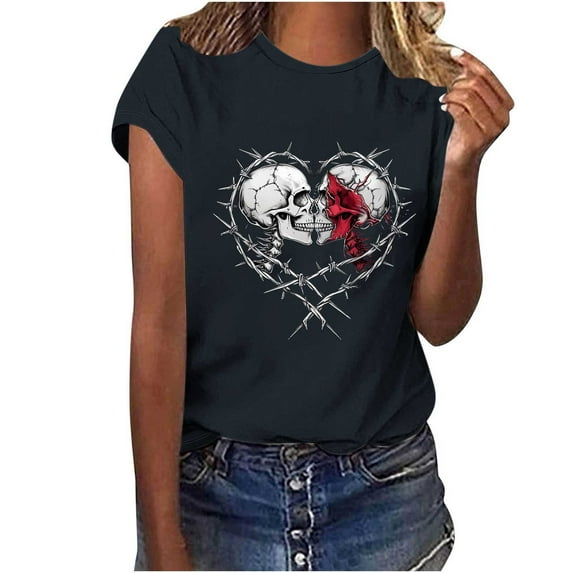 Women Funny Skeletons Roses Graphic Shirt Casual Short Sleeve Vacation Tops
