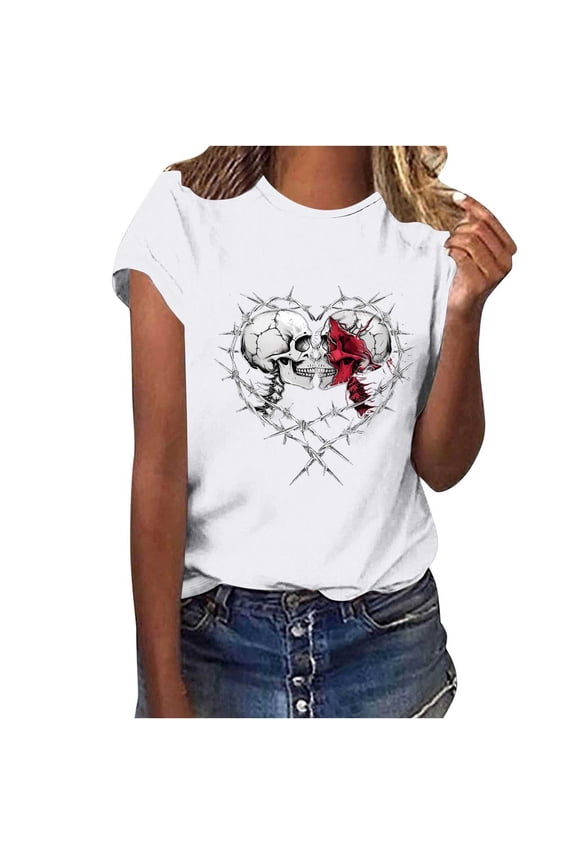 Women Funny Skeletons Roses Graphic Shirt Casual Short Sleeve Vacation Tops