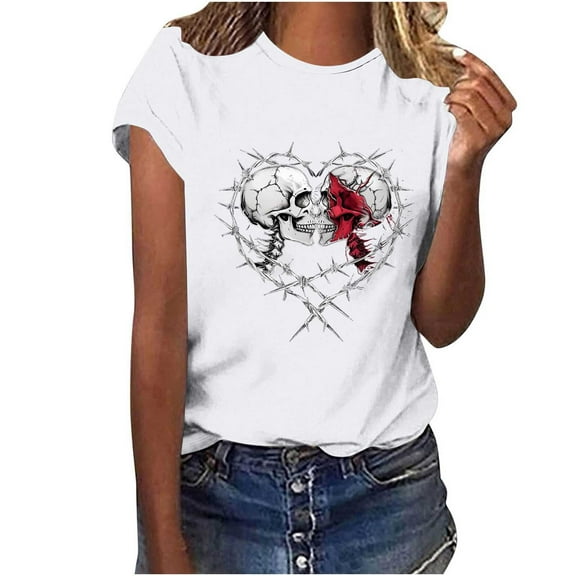 Women Funny Skeletons Roses Graphic Shirt Casual Short Sleeve Vacation Tops