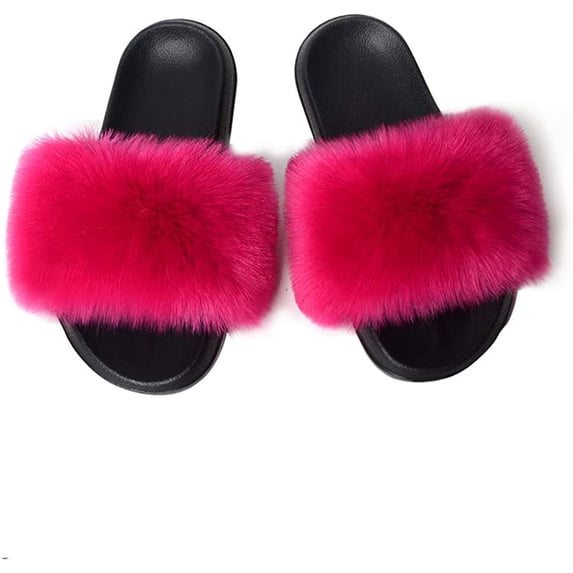 Women Fur Slides Sandal with Soft Furry Faux Fox Fur Lovely House Outdoor Slippers for Ladies Multicolor