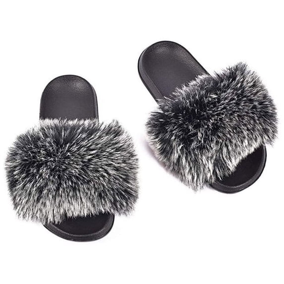 Women Fur Slides Sandal with Soft Furry Faux Fox Fur Lovely House Outdoor Slippers for Ladies Multicolor