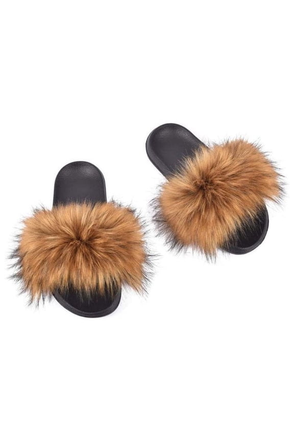 Women Fur Slides Sandal with Soft Furry Faux Fox Fur Lovely House Outdoor Slippers for Ladies Multicolor
