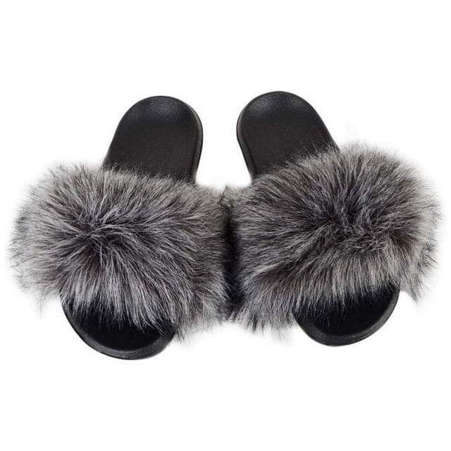 Women Fur Slides Sandal with Soft Furry Faux Fox Fur Lovely House ...