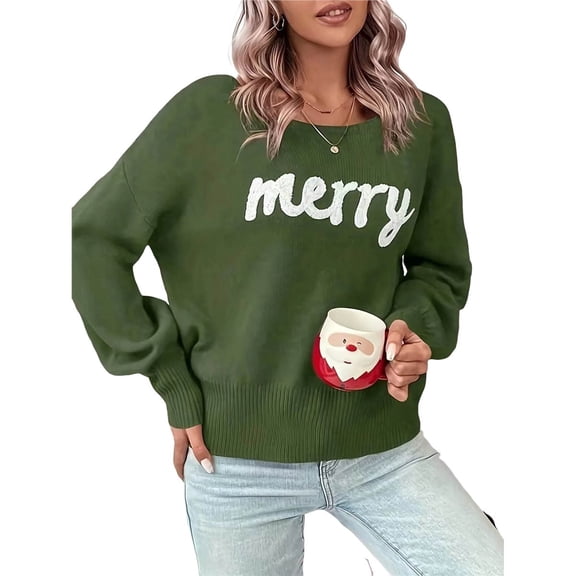 Women Furry Pattern Xmas Sweatshirt Loose O Neck Long Sleeves Pullover Tops Knit Dark Green M