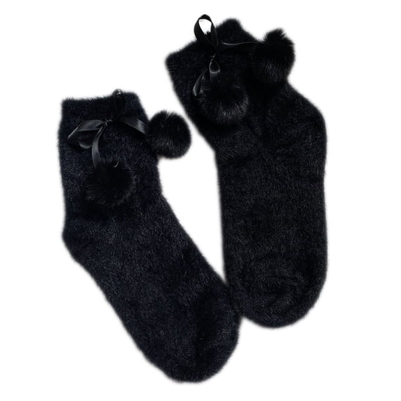 Women Furry Short Crew Socks Sweet Satin Ribbon Hair Ball Bowknot Fuzzy Hosiery