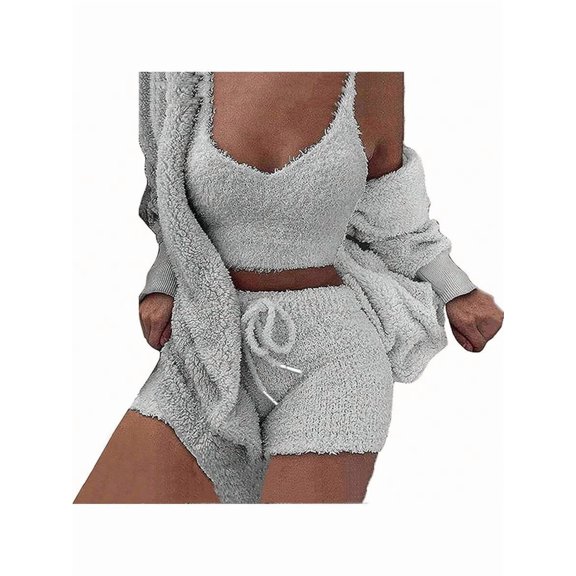 Women Fuzzy 3-Piece Loungewear Set: Light Gray V-Neck Crop Top, Shorts & Open Hooded Cardigan – Cozy Sleepwear