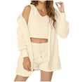 thumbnail image 1 of Women Fuzzy 3 Piece Pajamas Solid Color Cozy Fleece Hooded Cardigan Sleeveless Crop Tops and Shorts Warm Pajama Set (Beige L), 1 of 6