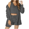 thumbnail image 1 of Women Fuzzy 3 Piece Pajamas Solid Color Cozy Fleece Hooded Cardigan Sleeveless Crop Tops and Shorts Warm Pajama Set (Dark Gray 3XL), 1 of 6