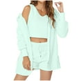 thumbnail image 1 of Women Fuzzy 3 Piece Pajamas Solid Color Cozy Fleece Hooded Cardigan Sleeveless Crop Tops and Shorts Warm Pajama Set (Green S), 1 of 6