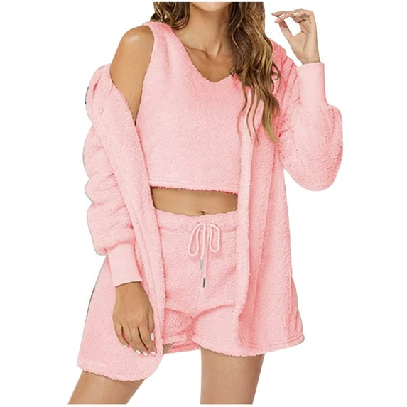 Women Fuzzy 3 Piece Pajamas Solid Color Cozy Fleece Hooded Cardigan Sleeveless Crop Tops and Shorts Warm Pajama Set (Pink L)