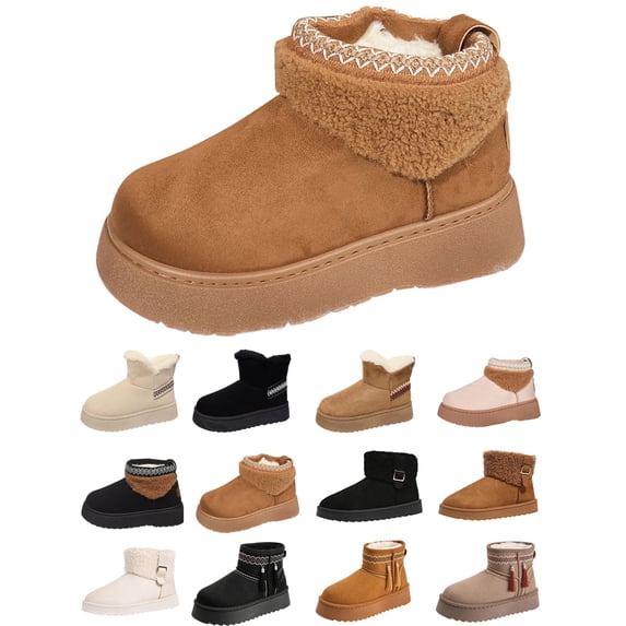 Women Fuzzy Boots Women Casual Round Toe Comfortable Thick Bottom Snow Boots Fleece Lining Warm Cozy Winter Boots