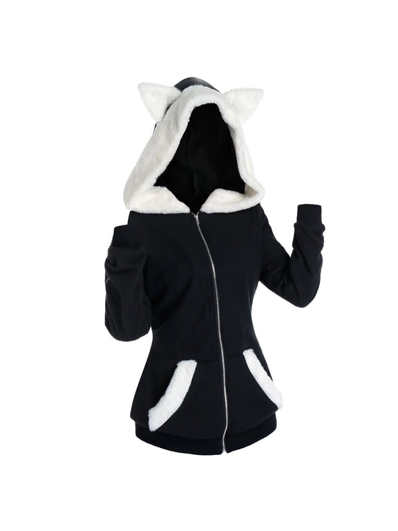 Women Fuzzy Cat Ears Zip Up Hoodie Jacket, Black White Contrast Plush Lined Slim Fit Hooded Coat for Fall Winter Casual Daily Street Wear(Black,XL)