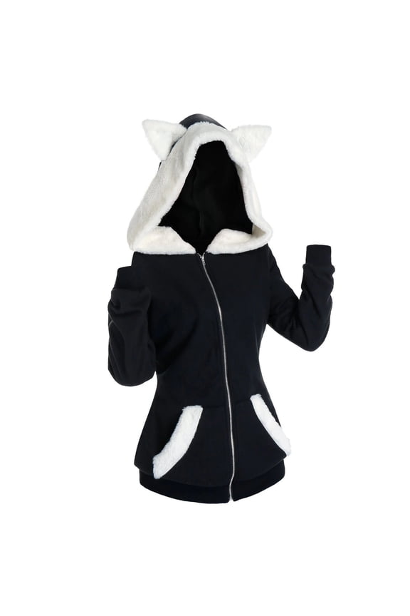 Women Fuzzy Cat Ears Zip Up Hoodie Jacket, Black White Contrast Plush Lined Slim Fit Hooded Coat for Fall Winter Casual Daily Street Wear(Black,XL)