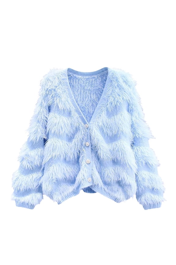 Women Fuzzy Cropped Cardigan Button Soft Comfy Knit Cardigans Open Front V-Neck Long Sleeves Sweater Coat