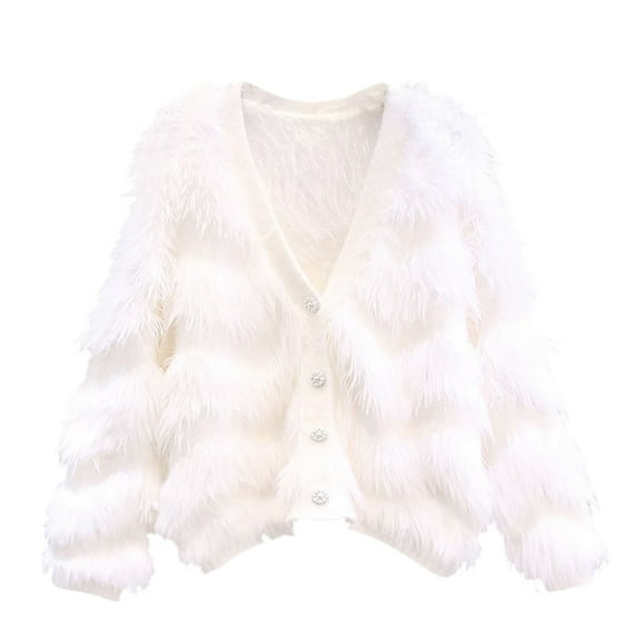 Women Fuzzy Cropped Cardigan Button Soft Comfy Knit Cardigans Open Front V-Neck Long Sleeves Sweater Coat
