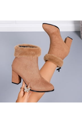 Women Fuzzy Fleece Cuff Ankle Boots, Round Toe Chunky Block Heel Back Zipper Suede Short Booties, Warm Fleece Trim Winter Dress Boots Khaki 5(36)