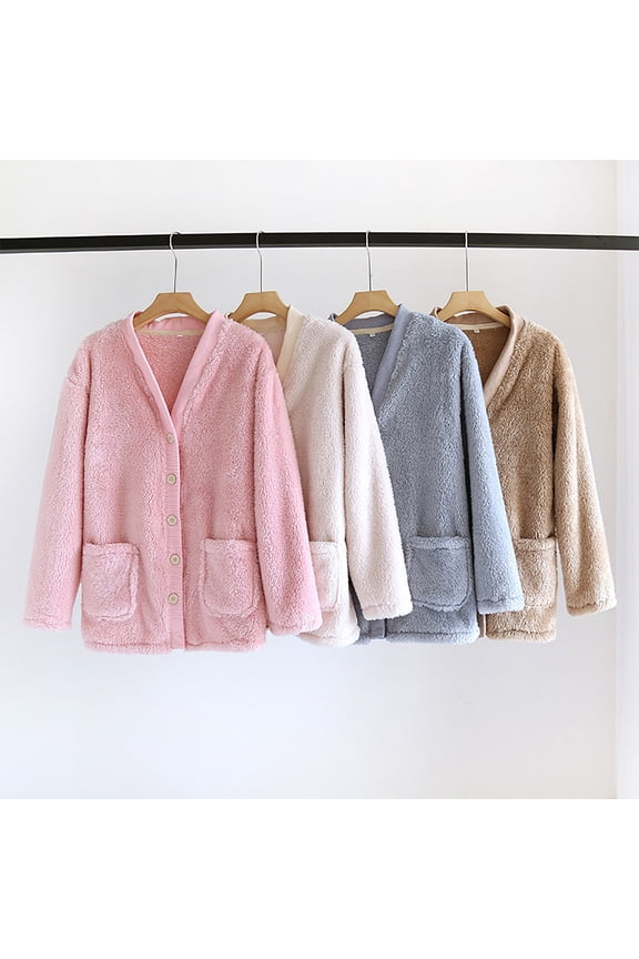 Women Fuzzy Fleece Jacket Pajama Tops V Neck Button Down Cardigan Sweaters Open Front Sleepwear Long Sleeve Cozy Warm Winter Coat with Pockets
