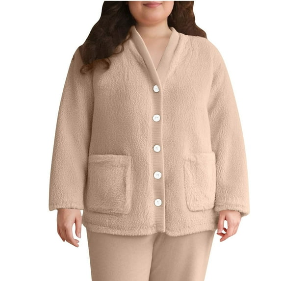 Women Fuzzy Fleece Jacket Pajama Tops V-Neck Button Down Sleepwear Long Sleeve Plush Warm Coat with Pockets