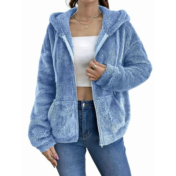 Women Fuzzy Fleece Jacket Zip Up Oversized Winter Warm Sweatshirt Hoodies Blue M