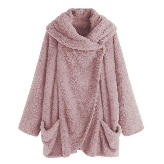 Women Fuzzy Fleece Jackets One Button Sherpa Hooded Coat Winter Warm Plush Wrap Outerwear with Pocket