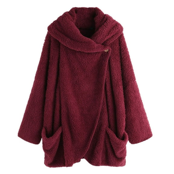 Women Fuzzy Fleece Jackets One Button Sherpa Hooded Coat Winter Warm Plush Wrap Outerwear with Pocket