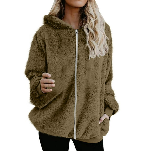 Women Fuzzy Fleece Jackets, Women's Long Sleeve Full Zip Winter Soft Warm Fleece Jacket Zip up Hoodies Casual Lightweight Hooded Sweatshirts Brown M