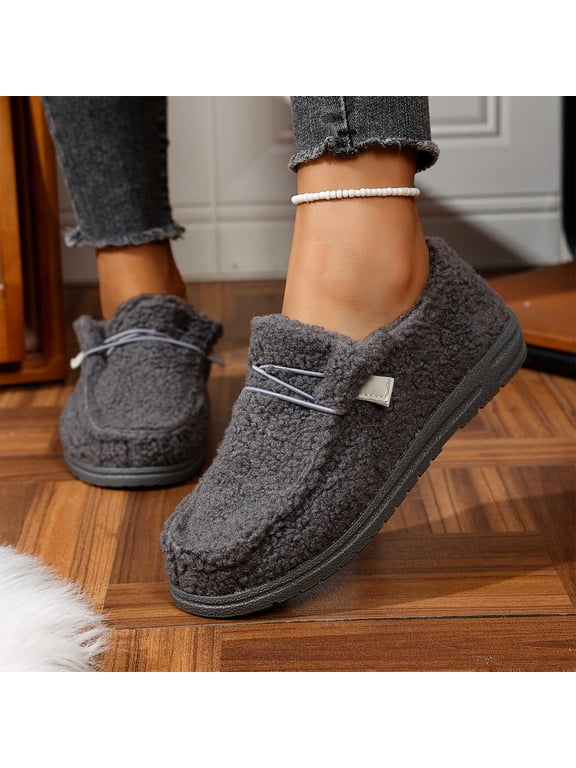 Women Fuzzy Fleece Lined Slip‑On Loafer Shoes, Plush Cozy Winter House Outdoor Slipper Booties, Elastic Strap Non‑Slip Flat Sole Footwear for Cold Weather Home Walking Daily Casual Activities