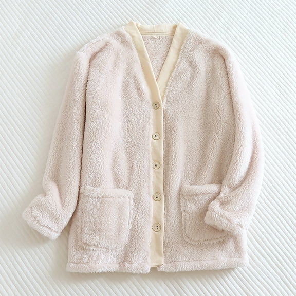 Women Fuzzy Fleece Pajama Tops V-Neck Button down Sleepwear Long Sleeve Warm Winter Home Wear with Pockets New White XL