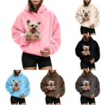 thumbnail image 1 of Women Fuzzy Pet Carrier Hoodie with Puppy Graphic Drawstring Casual Winter Warm Pullover Sweatshirt Top for Dog Lovers, 1 of 9