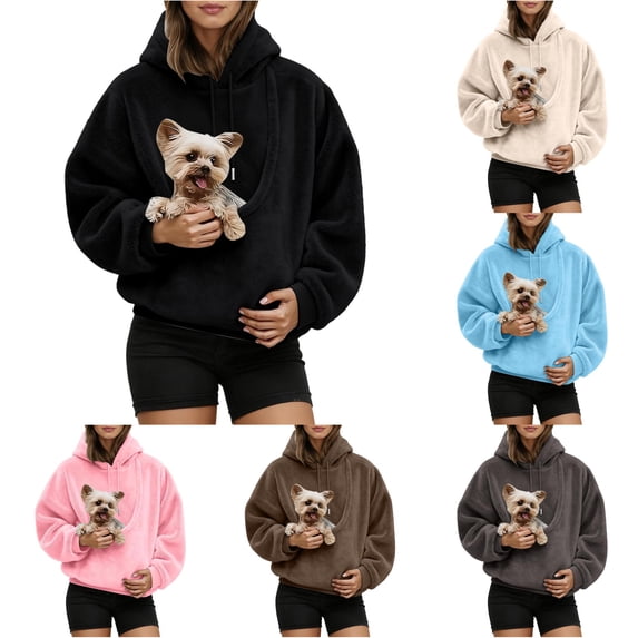 Women Fuzzy Pet Carrier Hoodie with Puppy Graphic Drawstring Casual Winter Warm Pullover Sweatshirt Top for Dog Lovers