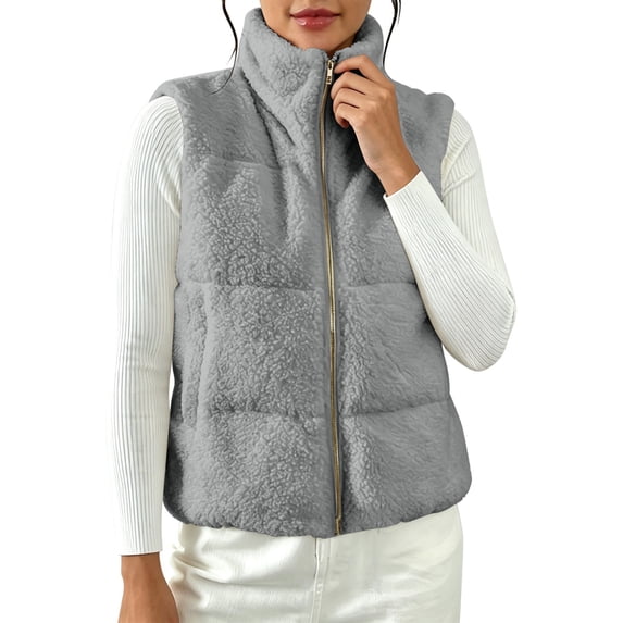 Women Fuzzy Fleece Vest Stand Collar Zip up Sleeveless Short Waistcoat Soft Warm Casual Gilet Fall Winter Daily Loungewear Outerwear Gray XXL