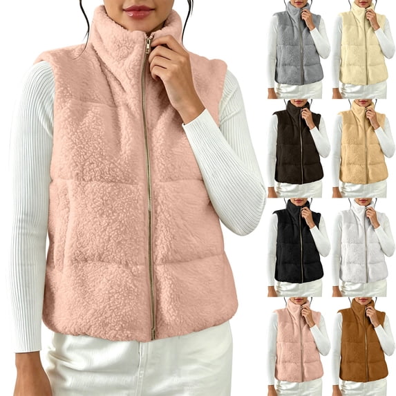 Women Fuzzy Fleece Vest Stand Collar Zip up Sleeveless Short Waistcoat Soft Warm Casual Gilet Fall Winter Daily Loungewear Outerwear S