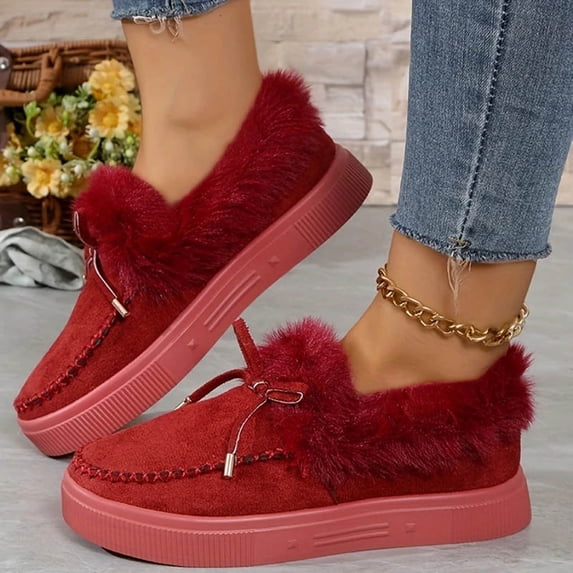 Women Fuzzy Fur Trim Chunky Sole Loafers, Faux Suede Slip On Winter Warm Moccasin Shoes with Bow, Non Slip Thick Sole Casual Outdoor Footwear Wine 40