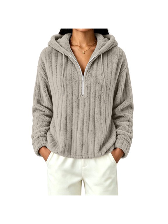 Women Fuzzy Half Zip Hooded Long Sleeve Pullover Tops with Drawstring Hoodie,Warm Windproof Fall Winter Daily Casual Wear,Gray,L