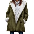 thumbnail image 1 of Women Fuzzy Jacket Fleece Lined Hooded Horn Buttons Medium Length Overcoat Winter Windproof Furry Outerwear Streetwear, 1 of 8
